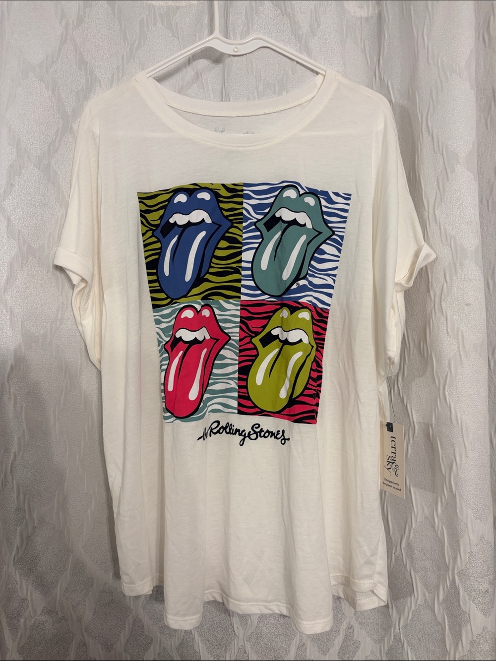Terra & Sky White Tee with Multicolor Pop-Art Tongue Squares